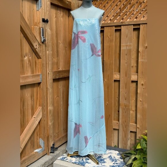 🆕 RAT & BOA 🧿 NWOT Marisol Blue Floral Printed Sequin Shimmer Maxi Dress Sz L - Picture 2 of 15